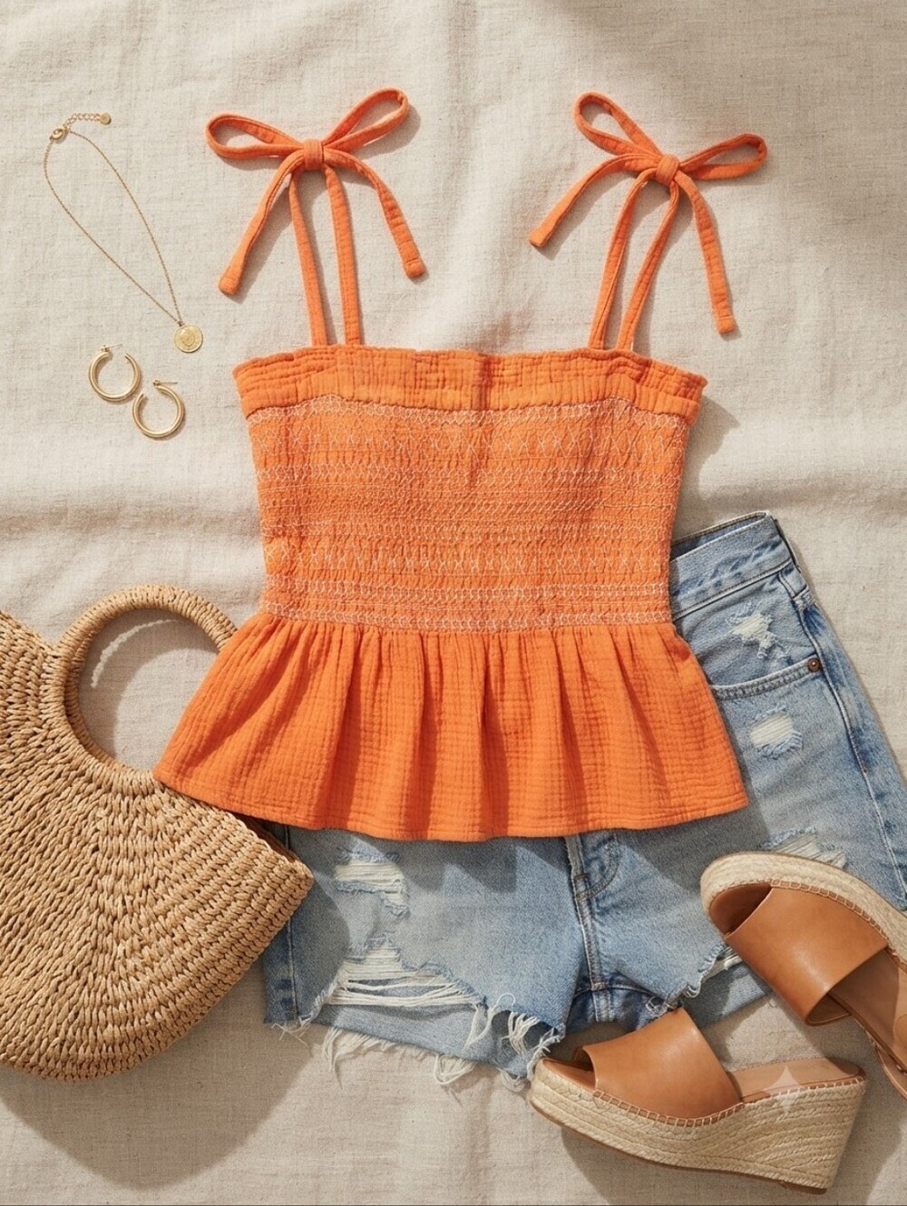 Free People Orange Smocked Ruffle Tie Shoulder Straps Cotton Top